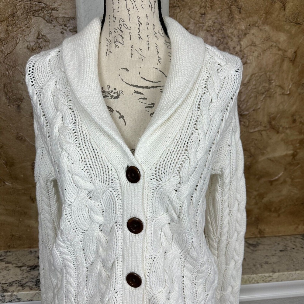Lands End Cable Knit Sweater Womens XS Button Front Fishermen Cardigan Cowl Neck - Picture 2 of 10